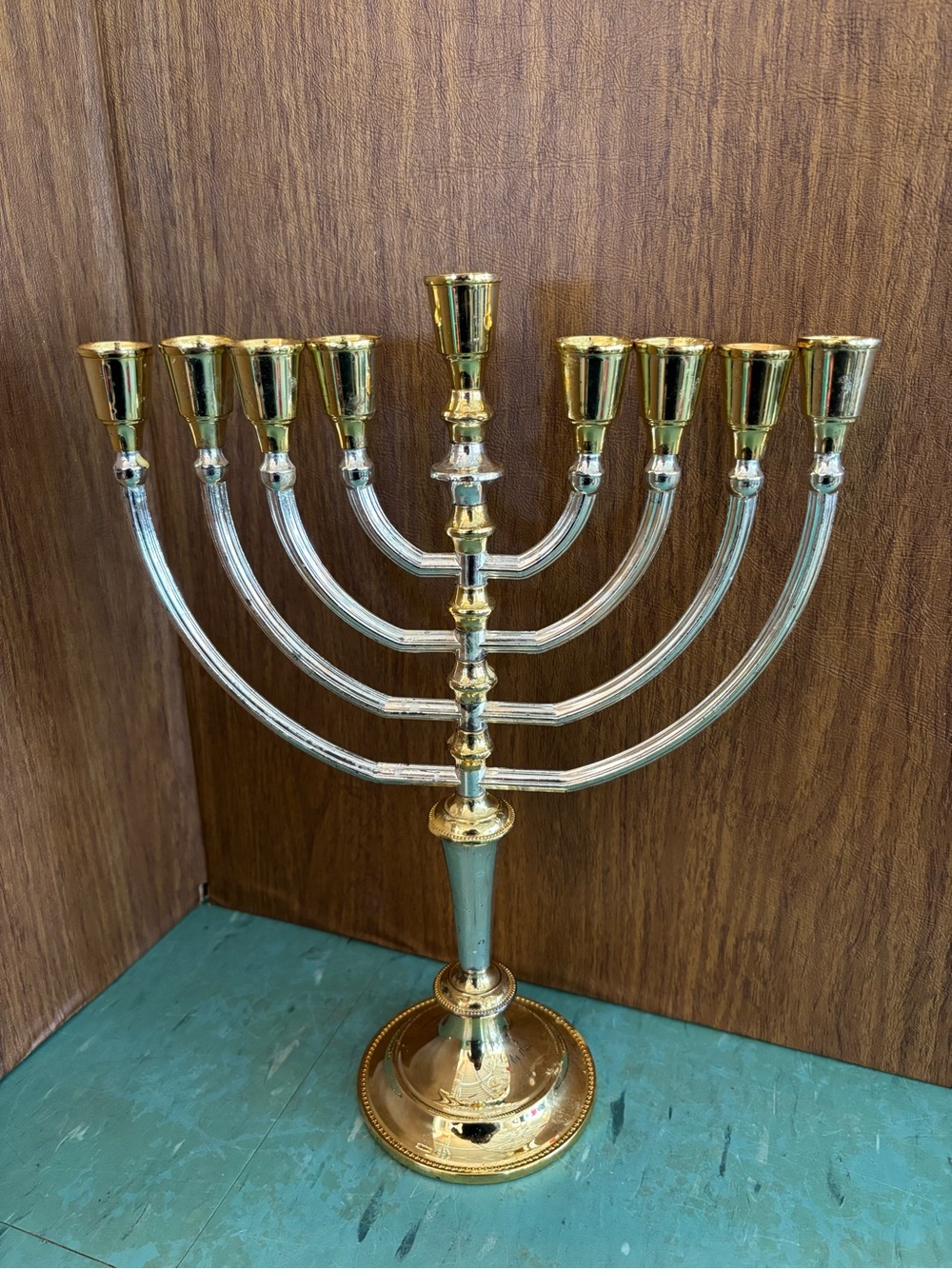 Vintage 7 branch Jerusalem-style menorah two-tone silver gold 1990’s Israel